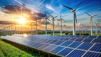 Renewable energy landscape with solar panels and wind turbines during sunset, showcasing sustainable green energy technology for a clean and eco-friendly future