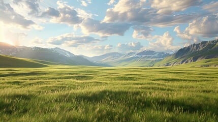Obraz premium Top view of a lush green valley on a summer sunny day. Panoramic view with mountain ranges on the horizon. Nature background. Illustration for cover, card, postcard, interior design, decor or print.