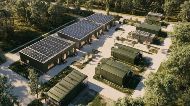 An aerial view of a modern military base designed with sustainability in mind. The base features solar panels on the rooftops, green landscaping, and energy-efficient buildings. The image symbolizes a