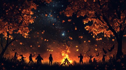 Fototapeta premium Silhouettes of people gathered around a bonfire under a starry sky, surrounded by falling autumn leaves. The scene symbolizes community, warmth, celebration, and the magic of the season.