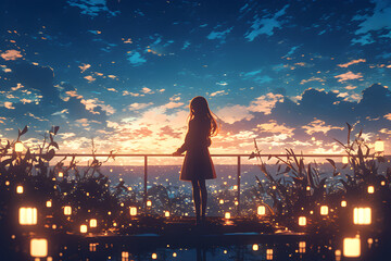 Rooftop Serenity - Girl stargazing on a rooftop garden under twinkling fairy lights. Anime style, Cozy vibes