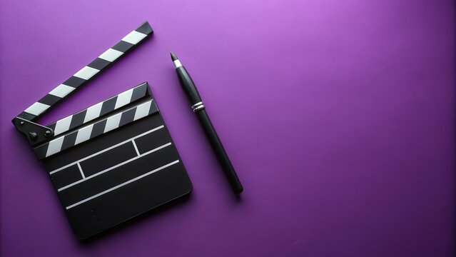 A black clapper board and marker pen on purple background, film industry, filmmaking