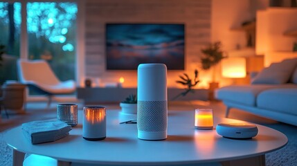 Smart speaker at home, smart device concept, A smart speaker centrally placed in a modern living room. Intelligent assistant in smart home system.