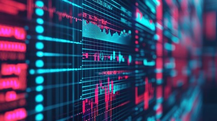 Obraz premium High-tech banking interface showing global currency exchange rates, floating holograms, vibrant neon colors, futuristic design.