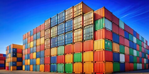 Fototapeta premium Shipping containers stacked against clear blue sky, freight, transportation, logistics, cargo, industrial, containers, shipping