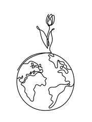Abstract flower with planet Earth as line drawing on white background
