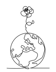 Abstract flower with planet Earth as line drawing on white background