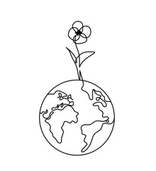 Abstract flower with planet Earth as line drawing on white background