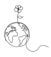 Abstract flower with planet Earth as line drawing on white background