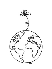 Abstract flower with planet Earth as line drawing on white background