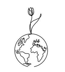 Abstract flower with planet Earth as line drawing on white background