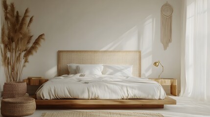 Cozy Bohemian Inspired Bedroom with Woven Headboard and Rustic Nightstand