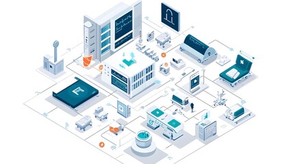 Graphic Illustrating IoT Internet of Things Systems that Ensure a Secure and Safe Hospital Environment for Patients by Providing Advanced Monitoring Analytics and Automation Technologies