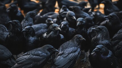 A large flock of black ravens gathered in a wooded area at dusk
