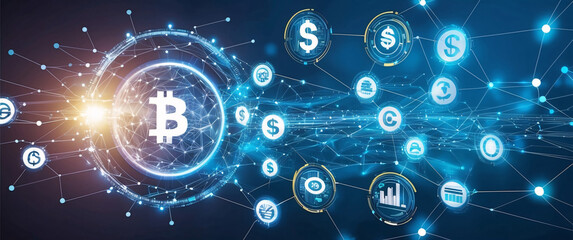 Futuristic glowing blue circle with binary code, internet network concept