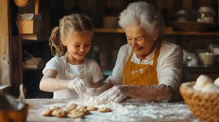 Child and grandmother baking together in a warm rustic kitchen