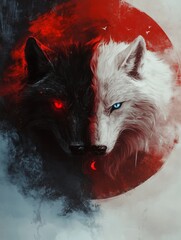 Red Blood Moon symbol with the morph of two wolves Black and White wolf Yin and Yang Intense Romanticism Red fog, intense colors, bold lines, Black Wolf red eyes white wolf blue eyes crying