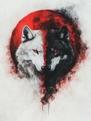 Red Blood Moon Chinese symbol with the morph of two wolves Black and White wolf Red Blood Moon Intense Romanticism Red fog, intense colors, bold lines, Black Wolf red eyes white wolf blue eyes crying 