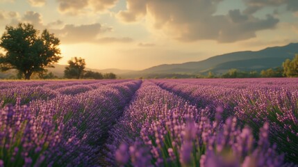 Fototapeta premium Sunset over a peaceful lavender field with golden light
