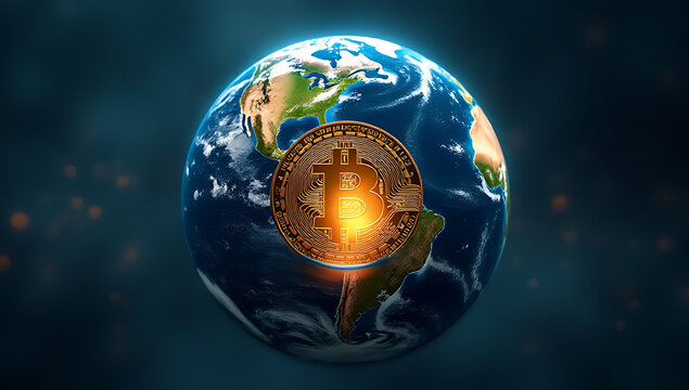 front view of the planet earth with a bitcoin coin entering vertically on a slot in the very top of the earth, dramatic style, like a piggy banck, realistic, high definition, closeup