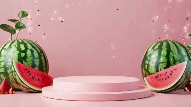 Empty Podium Stand with Watermelon for Refreshing Product Mockup, Watermelon-Themed Product Presentation on Empty Podium for Branding, Summer-Themed Product Podium with Watermelon