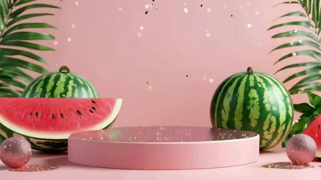 Empty Podium Stand with Watermelon for Refreshing Product Mockup, Watermelon-Themed Product Presentation on Empty Podium for Branding, Summer-Themed Product Podium with Watermelon