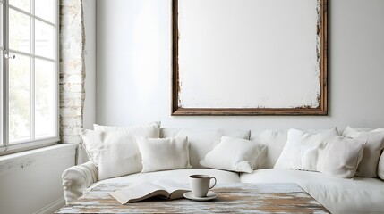 A vintage coffee table with a worn wooden surface and peeling paint, adorned with a cup of tea and a book, placed in front of a white sofa against a backdrop of an arched window and a white wall