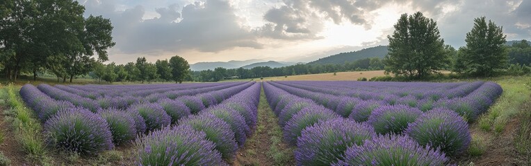 Sunset over a peaceful lavender field with golden light
