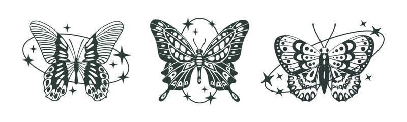 Abstract y2k butterflies. Cartoon y2k aesthetic flying insects, butterflies silhouettes with oval shapes, stars and sparkles decor flat vector illustration set. Trendy butterflies on white