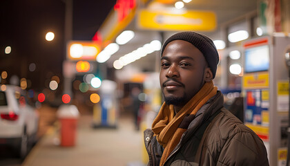 Man Standing in Front of a Gas Station – Fueling Up for the Journey Ahead