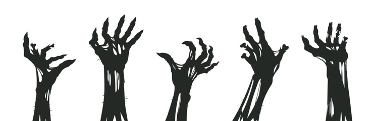 Halloween zombie arms poster. Spooky monsters creepy hands silhouettes flat vector illustration set. Cartoon horror halloween scary arms