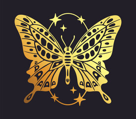 Golden y2k butterfly. Abstract gold y2k aesthetic flying insect, shiny butterfly silhouettes with oval shapes, stars and sparkles decor flat vector illustration. Cartoon butterfly logo