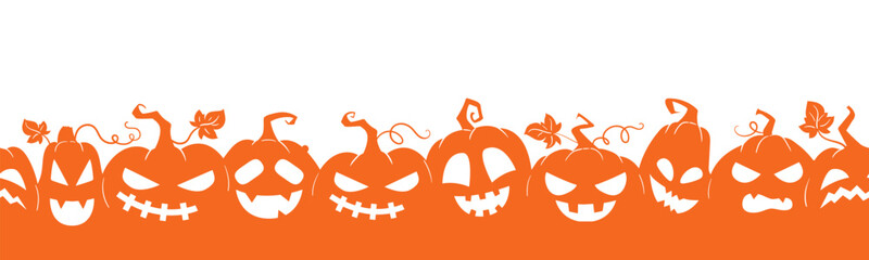 Pumpkins seamless background. Halloween spooky squash lanterns silhouettes, scary jack-o-lanterns halloween flat vector illustration. Halloween holiday party endless design