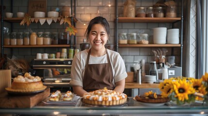 Proud female asian cafe owner smiles warmly in her shop filled with tempting desserts and pies , radiating confidence and positivity in her successful small business during autumn