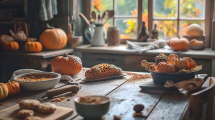 Fototapeta premium Delicious homemade pie on a plate in a cozy autumn home kitchen, perfect for seasonal gatherings with family and friends