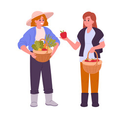 Women with harvest. Female farmers boasting about harvest, farmers market workers with vegetables and fruits flat vector illustration. Farm market scene