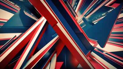 Abstract geometric pattern with red, blue, and white stripes and triangles.