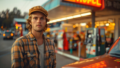 Man Standing in Front of a Gas Station – Fueling Up for the Journey Ahead