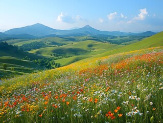 Fototapeta premium A vibrant meadow bursting with wildflowers, stretches out towards a backdrop of rolling green hills and a clear blue sky.