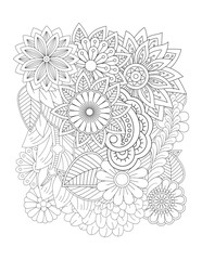 Coloring page of tropical flowers and leaves. Antistress for adults and children. Flower Mandala Coloring page For Adult. Ornamental mandala adult coloring book page.