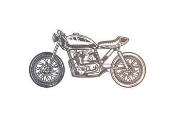 Obraz premium Cafe racer custom motorcycle. Original vector illustration in vintage style isolated on white background. T-shirt design.