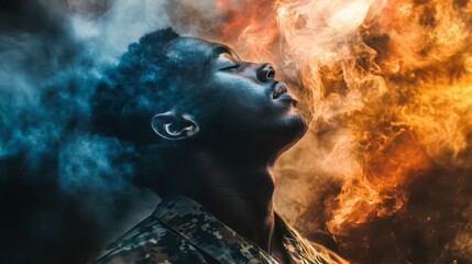 Soldier inhaling smoke with a backdrop of orange flames and blue mist