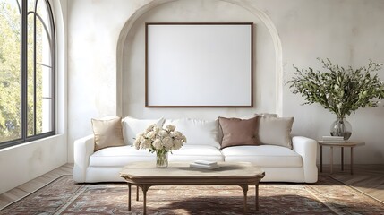 A modern living room featuring a white sofa, a vintage coffee table, an arched window, and a large, empty art poster frame, with a patterned rug beneath the coffee table and a vase of fresh flowers