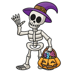 happy skeleton going trick or treat for Halloween.