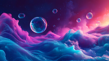 Abstract concept of a cosmic ocean with vivid neon colors resembling an otherworldly underwater scene with floating bubbles and swirling waves,. Surreal. Illustration