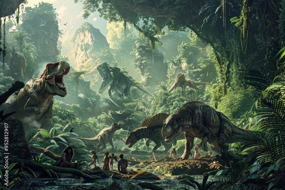 Wall mural a lifelike 3d model of a prehistoric landscape with roaming dinosaurs