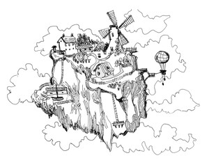 Castle on a flying island. Flight of a fairy-tale city. Ink illustration.