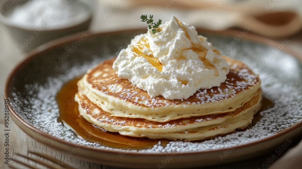 Poster indulge in pancakes topped with whipped ricotta and maple syrup, a gourmet breakfast idea showcased in a banner display