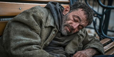 Obraz premium Homeless dirty drunk man bum sleeping on a park bench