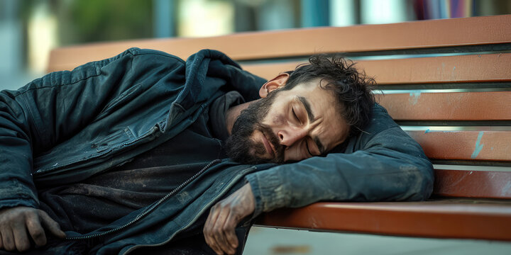 Homeless dirty drunk man bum sleeping on a park bench